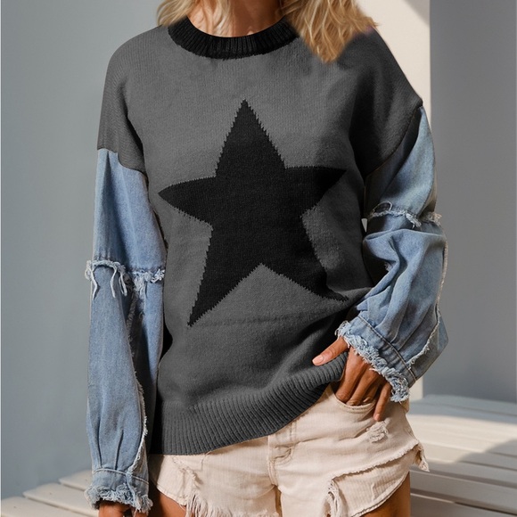 Star Pattern Raw Edge Long Sleeve Sweater